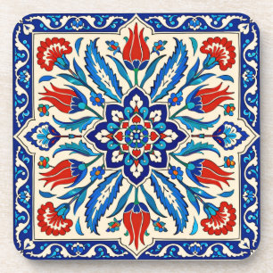Dessous-de-verre Style Ottoman Bleu Motif Tulipe Rouge