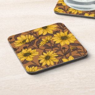 Dessous-de-verre Sunroot, tournesol sauvage en jaune et marron