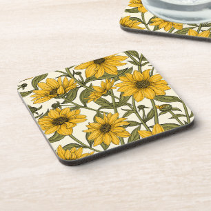 Dessous-de-verre Sunroot, tournesol sauvage sur blanc