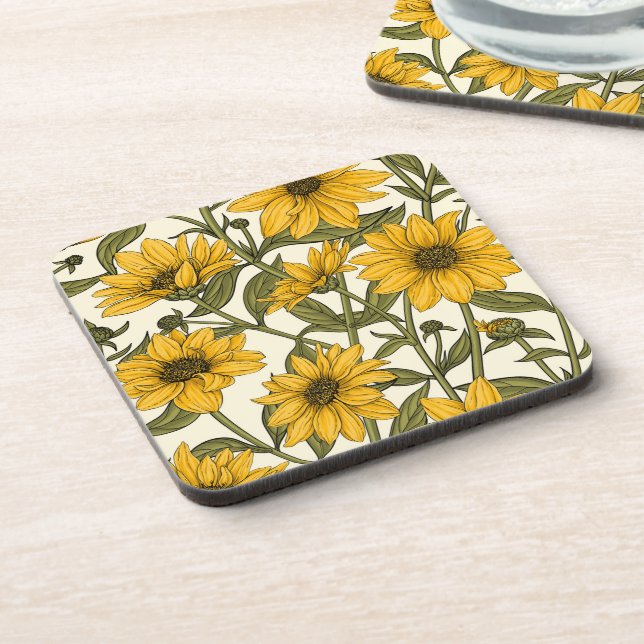 Dessous-de-verre Sunroot, tournesol sauvage sur blanc (Côté gauche)