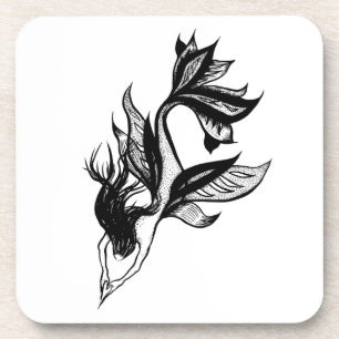 Dessous-de-verre Tatouage de sirène style brosse dessin d'encre omb