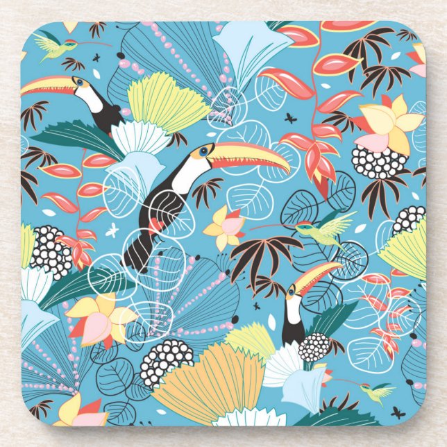 Dessous-de-verre Texture tropicale avec des toucans et des colibris (Devant)