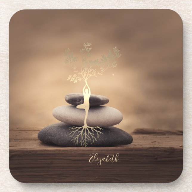 Dessous-de-verre Therapist Zen Stones, Gold Tree Silhouette Brown (Devant)