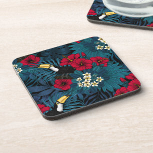 Dessous-de-verre Toucans et flore tropicale, verte et rouge