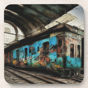 Dessous-de-verre Train abandonné avec graffitis d'art de rue urbain