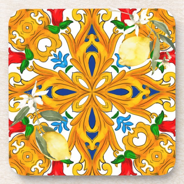 Dessous-de-verre tuiles siciliennes, majolica, citron, Carrelage en (Devant)