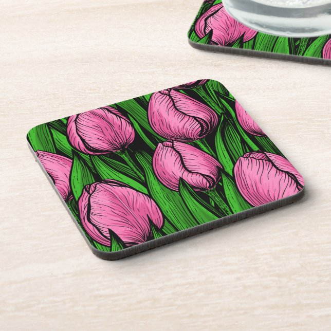 Dessous-de-verre Tulières roses avec feuilles verts (Côté gauche)