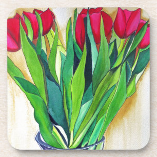 Dessous-de-verre tulipe rose et rouge aquarelle art