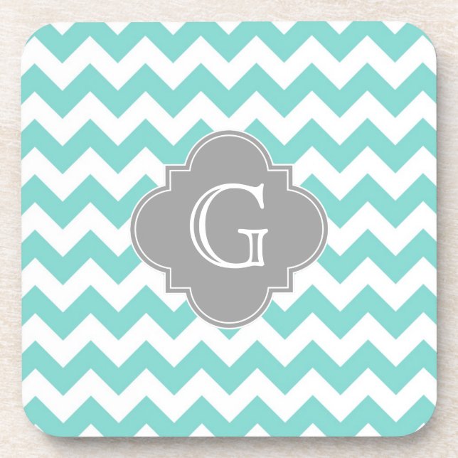 Dessous-de-verre Turq/Aqua White Chevron Gray Quatrefoil monogram (Devant)