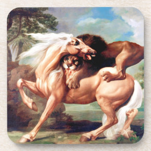 Dessous-de-verre Un Lion Attaquant Un Cheval Peint-17620