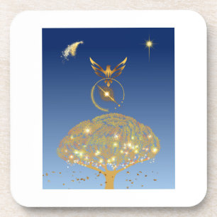 Dessous-de-verre Un oiseau survolant un arbre doré