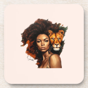 Dessous-de-verre Une femme afro-américaine avec un lion majestueux