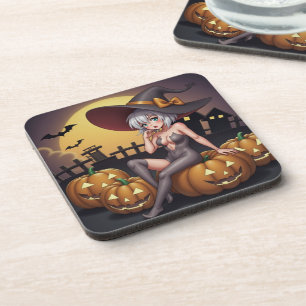 Dessous-de-verre Une sorcière d'Halloween aux yeux verts sur Jack-O