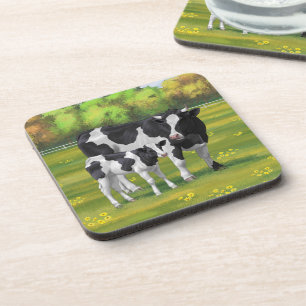 Dessous-de-verre Vache Holstein et veau mignon en pâturage d'été