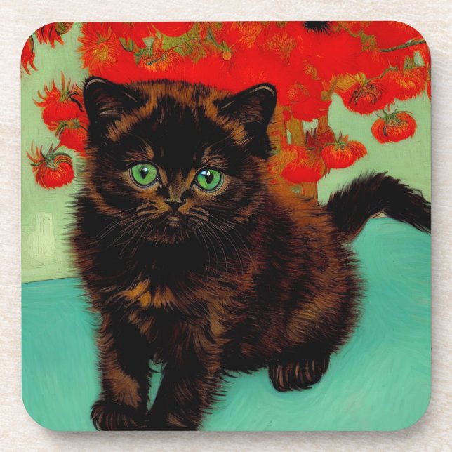 Dessous-de-verre Van Gogh Chat noir Fleurs rouges (Devant)