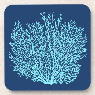 Dessous-de-verre Ventilateur Coral Print, Aqua on Deep Cobalt Blue