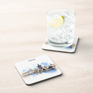 Dessous-de-verre Vieux Prague, aquarelle du pont Charles