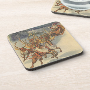Dessous-de-verre Vintage Noël Père Noël Sleigh avec Reindeer