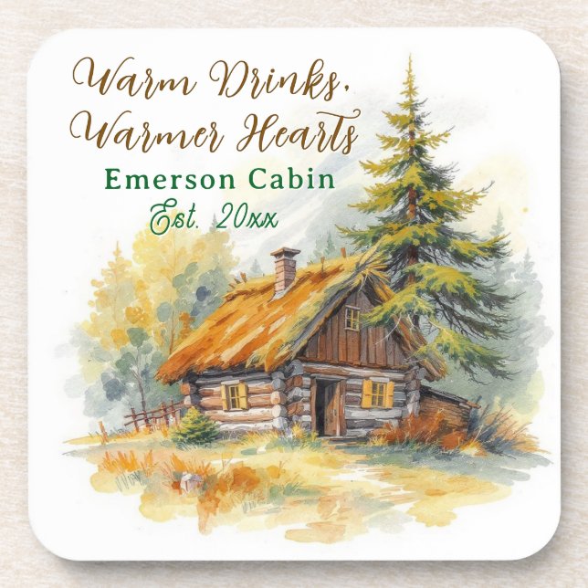 Dessous-de-verre Warm Drinks, Warmer Hearts, Log Cabin Personalized (Devant)