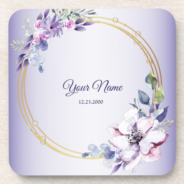 Dessous-de-verre Watercolor Floral Geometric Golden Purple Wedding (Devant)