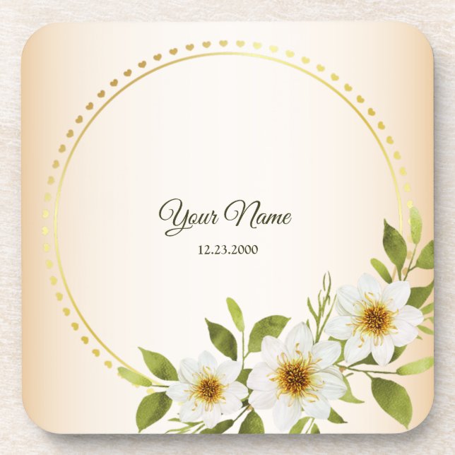 Dessous-de-verre Wedding Rustic Golden Geometric White Floral Peach (Devant)