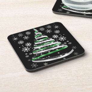 Dessous-de-verre White Snowflake Silver Green Ribbon Christmas Tree