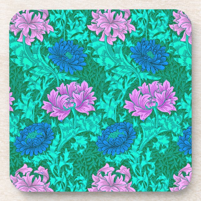Dessous-de-verre William Morris Chrysanthèmes, Aqua et Violet (Devant)