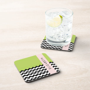 Dessous-de-verre Zigzag noir et blanc, Chevron, Vert, Votre nom