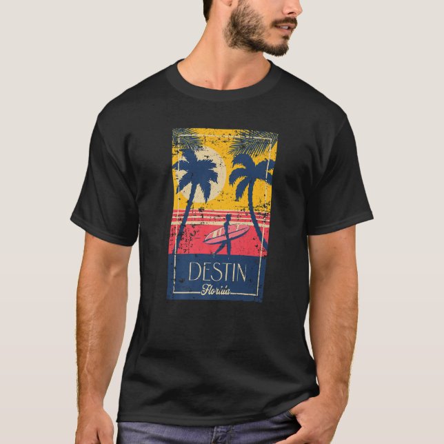 Destin Florida Retro Surfer Beach Sunset Distresse T-Shirt (Vorderseite)