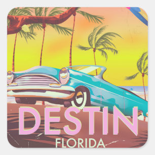 Destin Florida USA Vintage Reiseplakat. Quadratischer Aufkleber