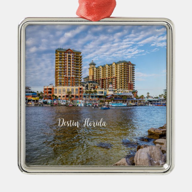 Destin Harbour Boardwalk Square Ornament Aus Metall (Vorne)