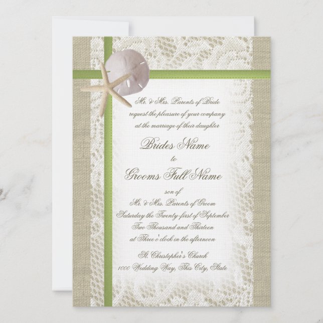 Destination Beach Burlap und Lace Wedding Einladung (Vorderseite)