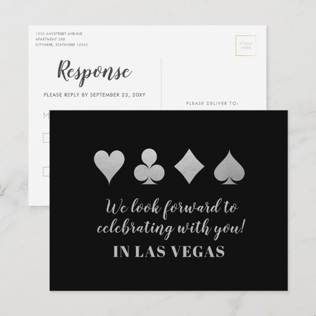 Destination LasVegas Wedding RSVP Silver Postcard Ankündigungspostkarte (Vorne/Hinten)