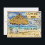 Destination Paradise, Tropical Beach Save the Date<br><div class="desc">Dieses "Destination Paradies", zweiseitig Save the Date, ist aus wunderschönen handwasserfarbenen Kunstwerken von Audrey Jeanne Roberts entstanden. Das Hotel verfügt über exquisit detaillierte Palappa in eleganten tropischen Rahmen, mit gealterten "Pergament" Hintergründen und sanft handgemalten Wirbel in Creme auf der Vorderseite und goldbraun auf der Rückseite. Die Farbpalette ist blau, braun,...</div>