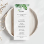 Destination Tropical Greenery Calligraphy Dinner Menükarte<br><div class="desc">This destination tropical greenery calligraphy dinner menu card is perfect for a modern wedding. The design features hand-painted watercolor green palm and banana leaves neatly arranged into beautiful bouquets. This menu can be used for a wedding reception,  rehearsal dinner,  bridal shower or any event.</div>