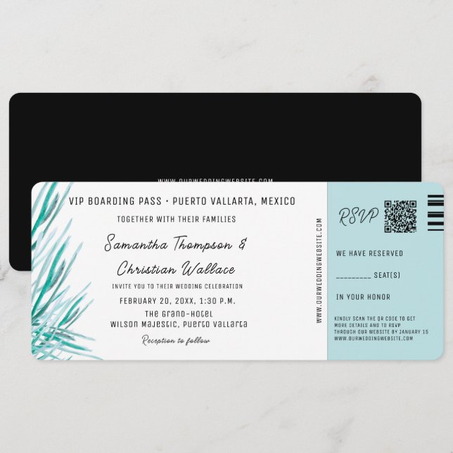 Destination Wedding Boarding Pass Tropical palm Einladung (Vorne/Hinten)