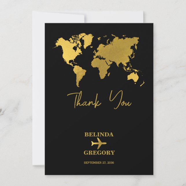 Destination Wedding World Passport Black Gold Dankeskarte (Vorderseite)