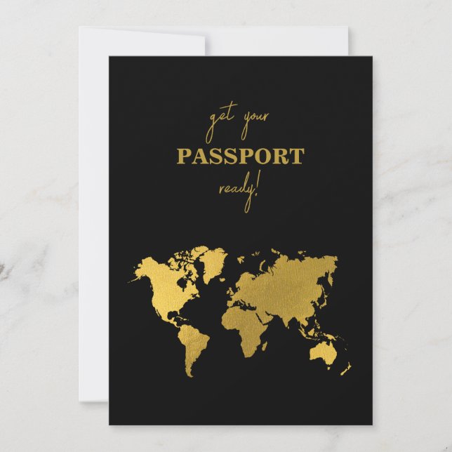 Destination Wedding World Passport Black Gold Einladung (Vorderseite)