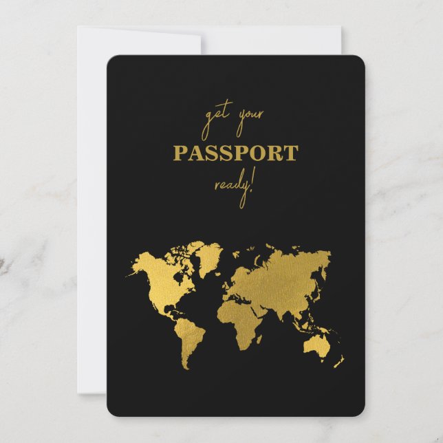 Destination Wedding World Passport Black Gold Einladung (Vorderseite)