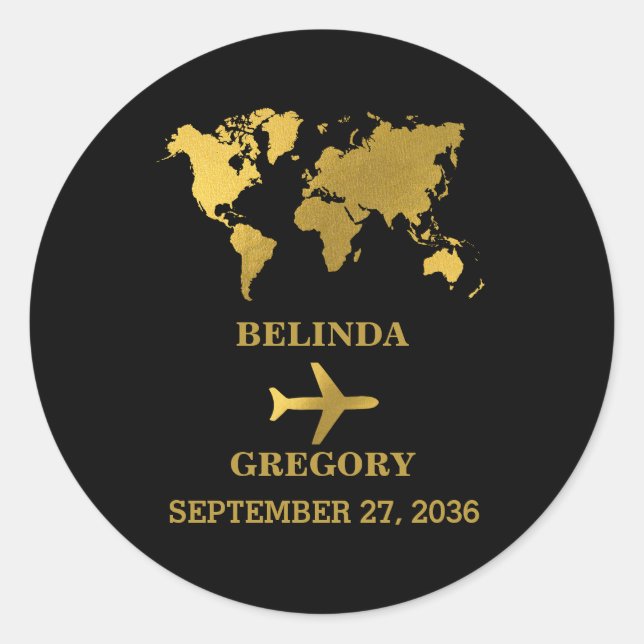 Destination Wedding World Passport Black Gold Runder Aufkleber (Vorderseite)