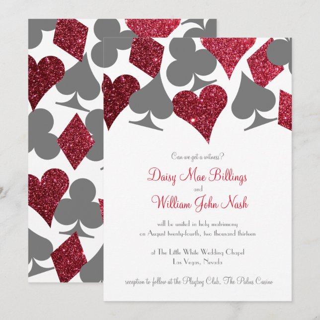 Destiny Vegas Red and Gray Imitats Glitzer Wedding Einladung (Vorne/Hinten)