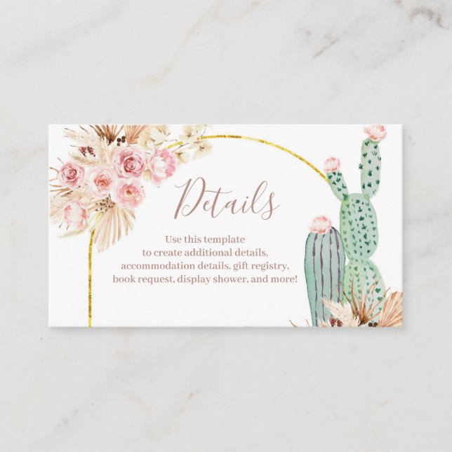 Detail Card Boho Kaktus Rosa Blume Pampas Grass Begleitkarte (Vorderseite)