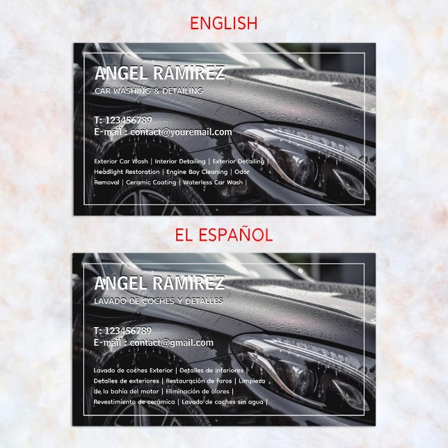 Détail de la voiture Carte de visite espagnol bili (Car Detailing Bilingual Spanish Business Cards)