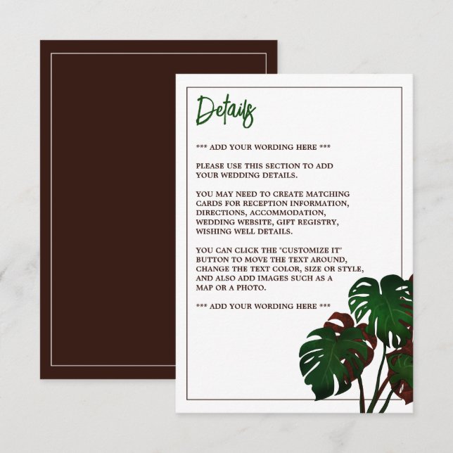 Detail der Monstera Beach Hochzeiten im Tropical Begleitkarte (Vorne/Hinten)