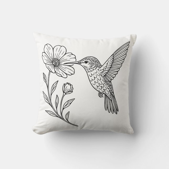Detailed Hummingbird Line Art with Wildflower Kissen (Vorderseite)