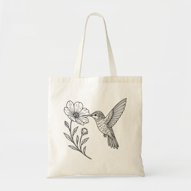 Detailed Hummingbird Line Art with Wildflower Tragetasche (Vorne)