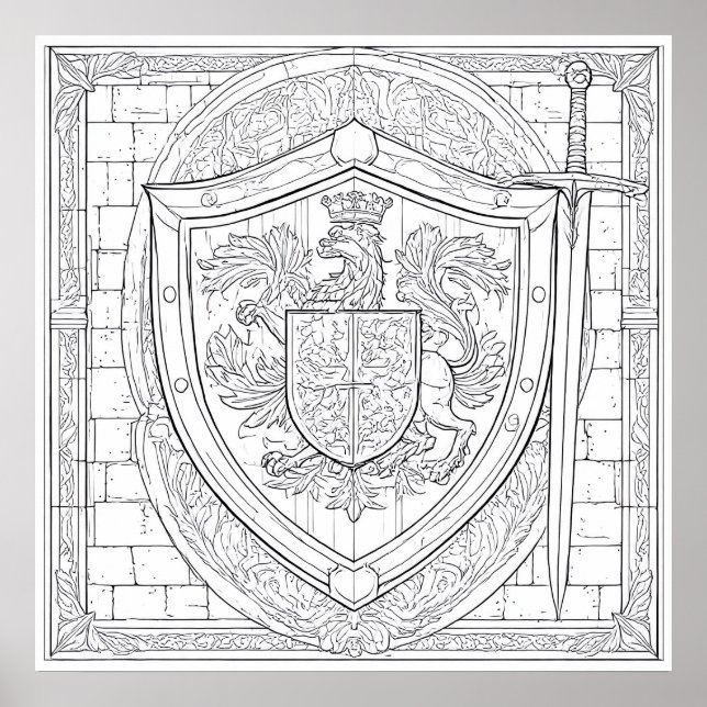 Detailed Knight's Heraldic Shield Coloring Page Poster (Vorne)