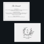 Detailkarte für Schwarz/Weiß-Wildblume Begleitkarte<br><div class="desc">Formal & elegant Schwarz-Weiß-Wildblume Wappen monogramm Trauungsdetails Gehäuse Karte.</div>