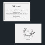 Detailkarte für Schwarz/Weiß-Wildblume Begleitkarte<br><div class="desc">Formal & elegant Schwarz-Weiß-Wildblume Wappen monogramm Trauungsdetails Gehäuse Karte.</div>