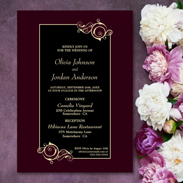 Detaillierte, elegante Black Burgundy Gold Wedding Einladung (Von Creator hochgeladen)